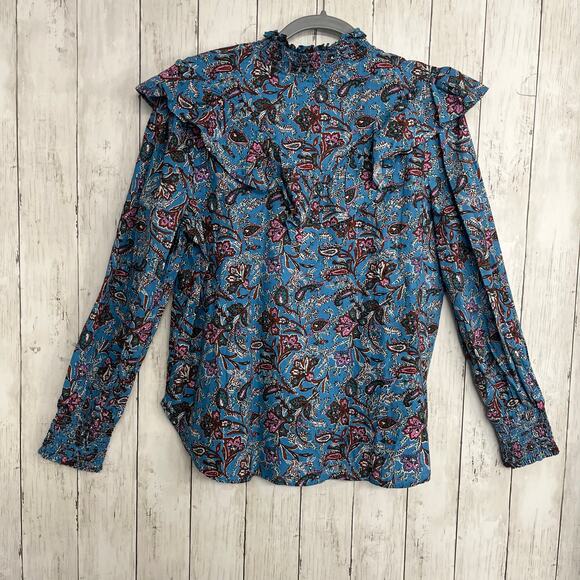 Loft Bouquet Paisley Long Sleeve Ruffled Yoke Puff Sleeve Button Down Blouse - Picture 2 of 10
